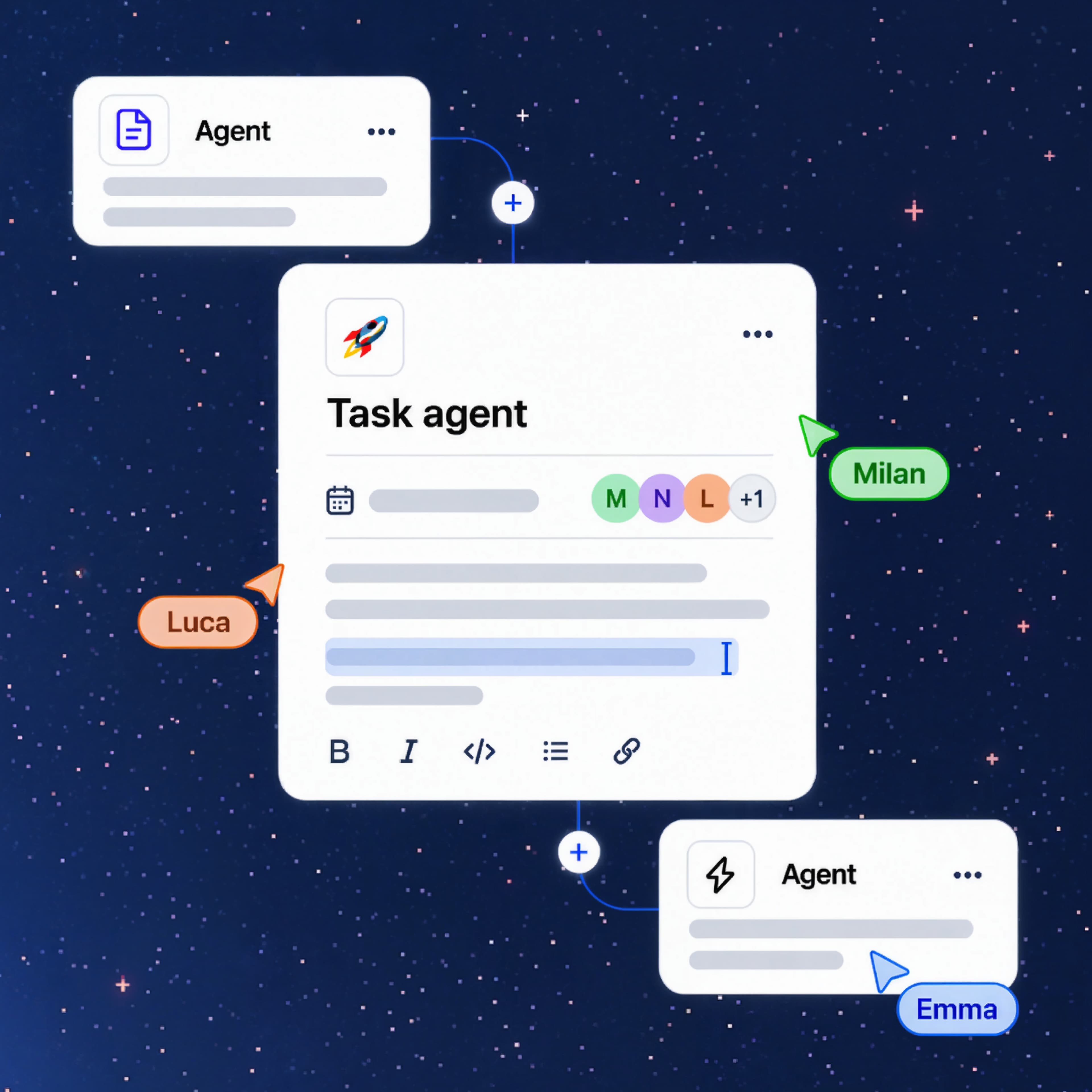 AI task agent connected to other agents and team members