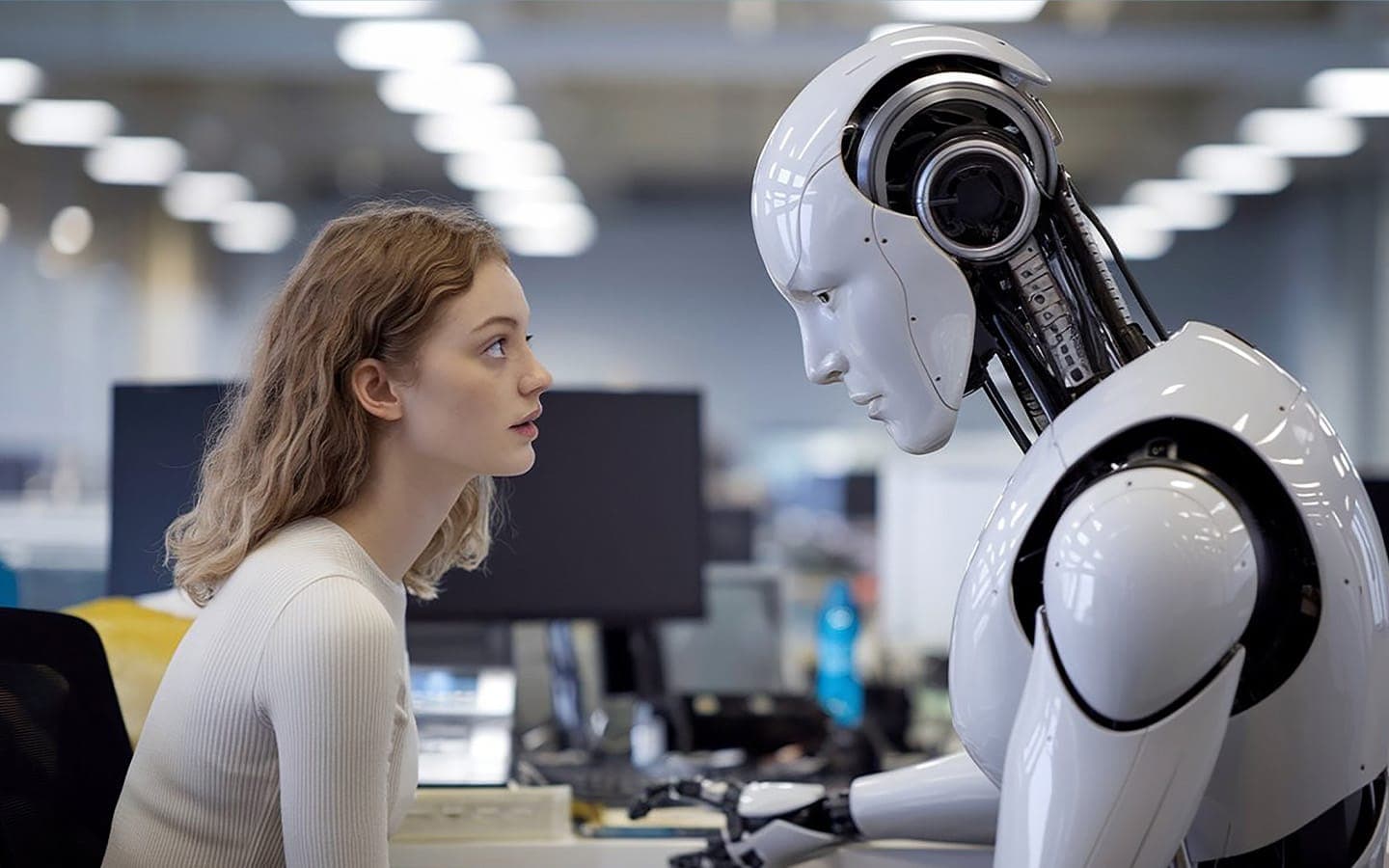 Vrouw tegenover een humanoïde robot in een kantoor